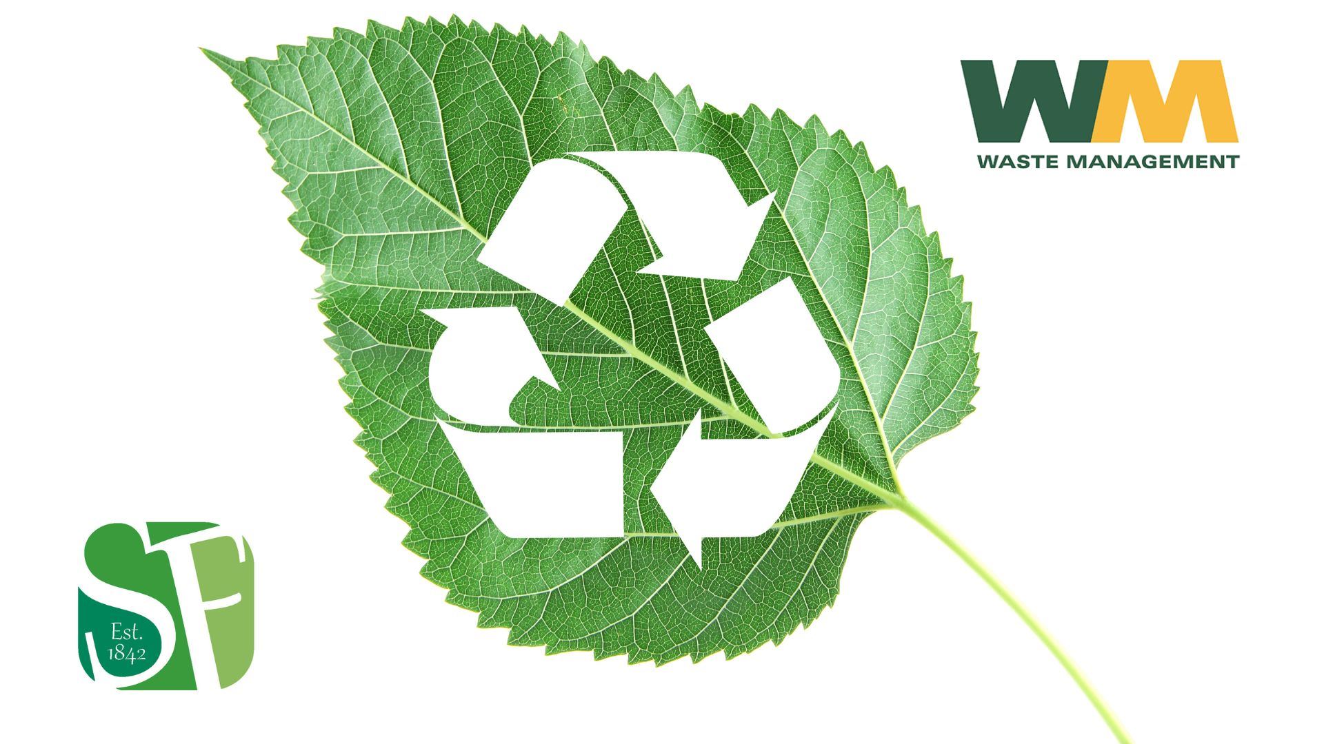 Leaf with recycling symbol and township and Waste Management logos